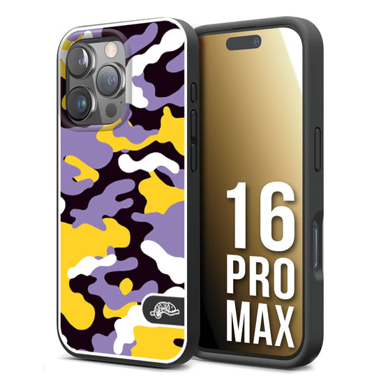 CUSTOMIZZA - Custodia cover nera morbida in tpu compatibile per iPhone 16 PRO MAX camouflage mimetico militare viola lilla giallo