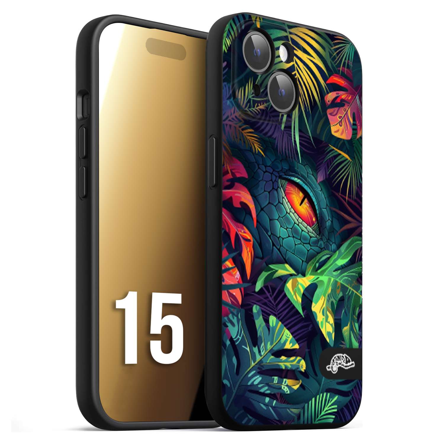 CUSTOMIZZA - Custodia cover nera morbida in tpu compatibile per iPhone 15 animali color giungla tropicale occhio di coccodrillo alligatore disegnato