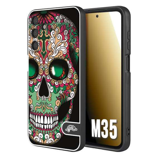 CUSTOMIZZA - Custodia cover nera morbida in tpu compatibile per Samsung M35 teschio messicano Mexican skull verde fucsia