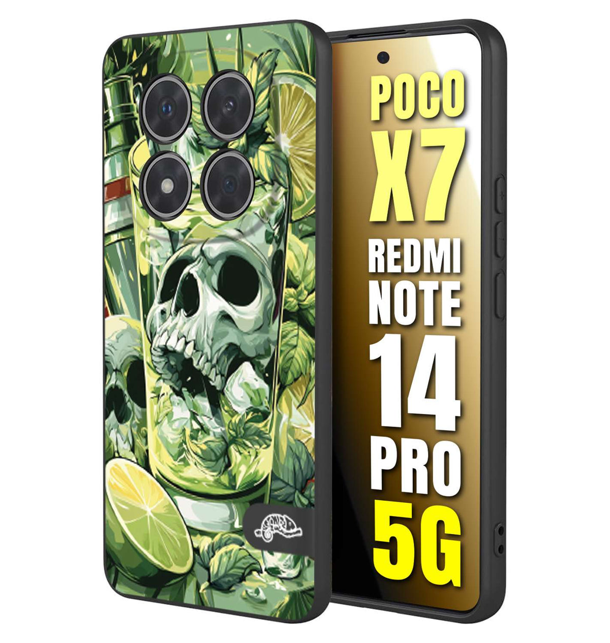 CUSTOMIZZA - Custodia cover nera morbida in tpu compatibile per Xiaomi Redmi Note 14 PRO 5G Mojito cocktail teschio illustrazione drink lime menta ghiacci tropicale street art