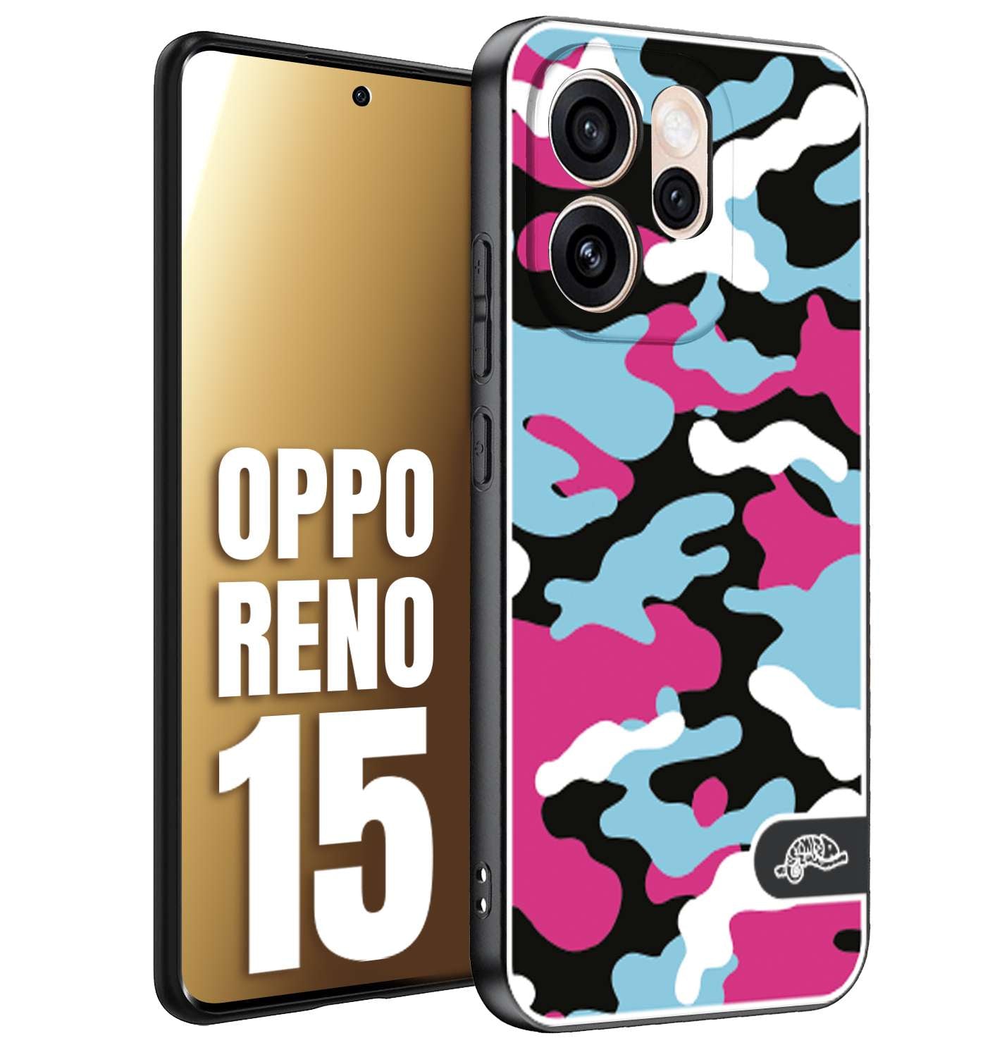 CUSTOMIZZA - Custodia cover nera morbida in tpu compatibile per Oppo Reno 15 camouflage mimetico militare fucsia celeste