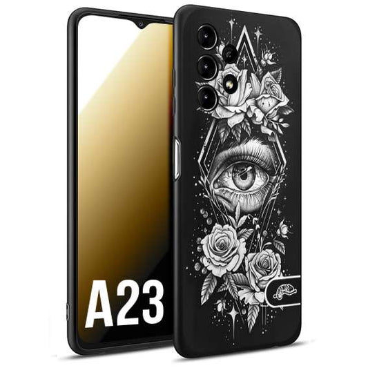 CUSTOMIZZA - Custodia cover nera morbida in tpu compatibile per Samsung A23 occhio fiori rombo geometrico black and white bianco a rilievo disegnato tattoo tatuaggio