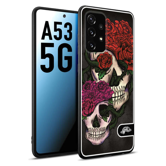 CUSTOMIZZA - Custodia cover nera morbida in tpu compatibile per Samsung A53 5G teschi e rose rosse fucsia skull and roses