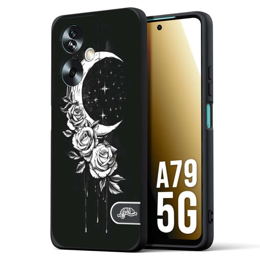 CUSTOMIZZA - Custodia cover nera morbida in tpu compatibile per Oppo A79 5G luna e fiori moon flowers black and white bianco a rilievo disegnato