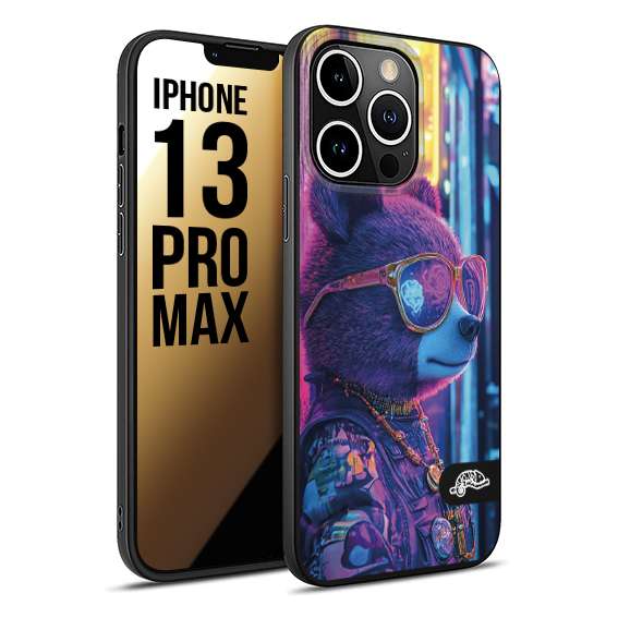 CUSTOMIZZA - Custodia cover nera morbida in tpu compatibile per iPhone 13 PRO MAX animali cyberpunk orsetto orso street bear fucsia blu night