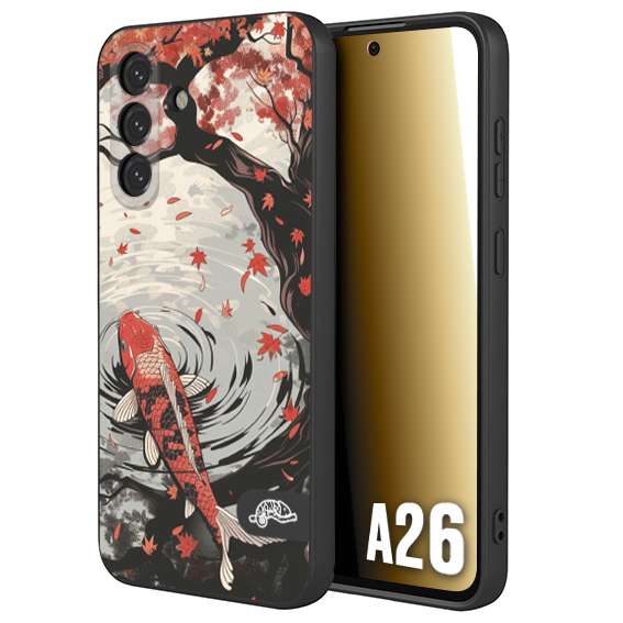 CUSTOMIZZA - Custodia cover nera morbida in tpu compatibile per Samsung A26 giapponese lago carpa koi rossa con foglie d'acero rosso disegnata tattoo