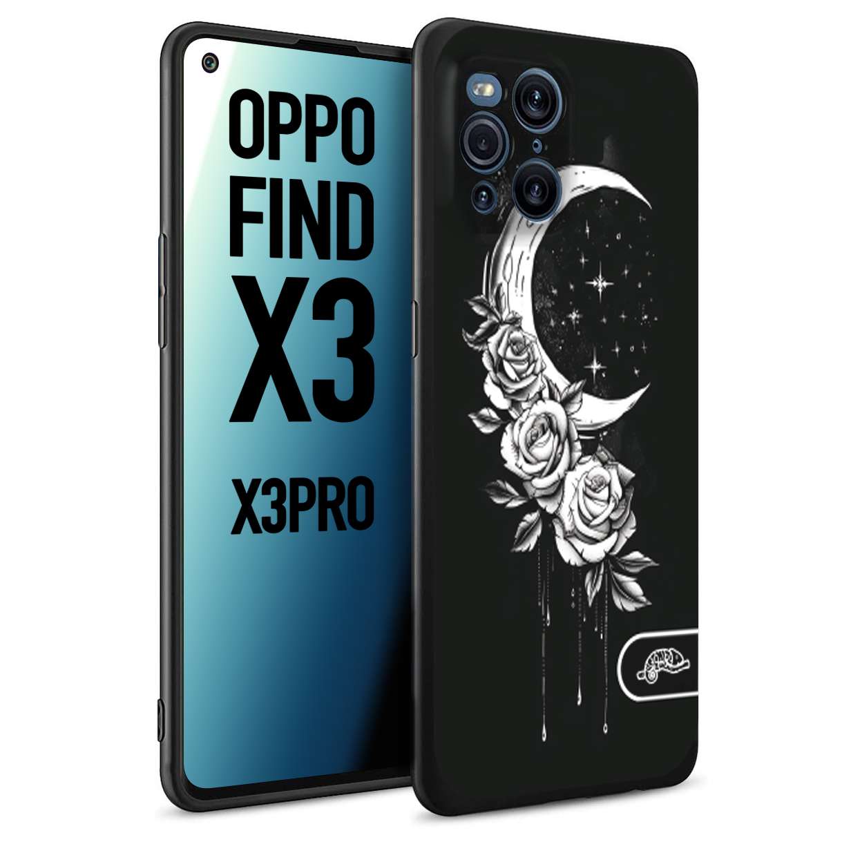 CUSTOMIZZA - Custodia cover nera morbida in tpu compatibile per Oppo Find X3 - Find X3 Pro 5G luna e fiori moon flowers black and white bianco a rilievo disegnato tattoo tatuaggio