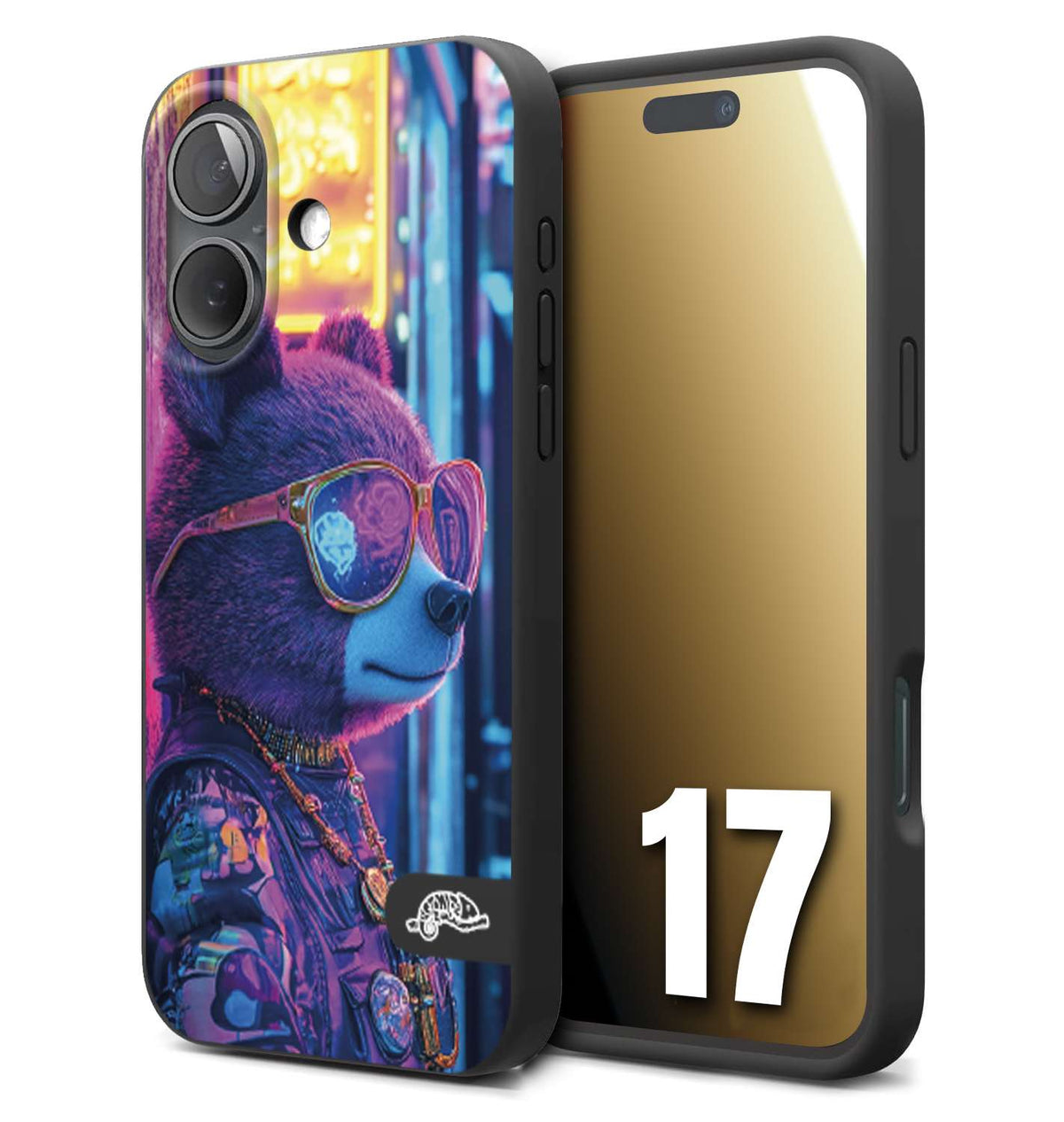 CUSTOMIZZA - Custodia cover nera morbida in tpu compatibile per iPhone 17 animali cyberpunk orsetto orso street bear fucsia blu night
