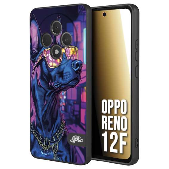 CUSTOMIZZA - Custodia cover nera morbida in tpu compatibile per Oppo Reno 12F animali cyberpunk dobermann cane street dog fucsia blu night