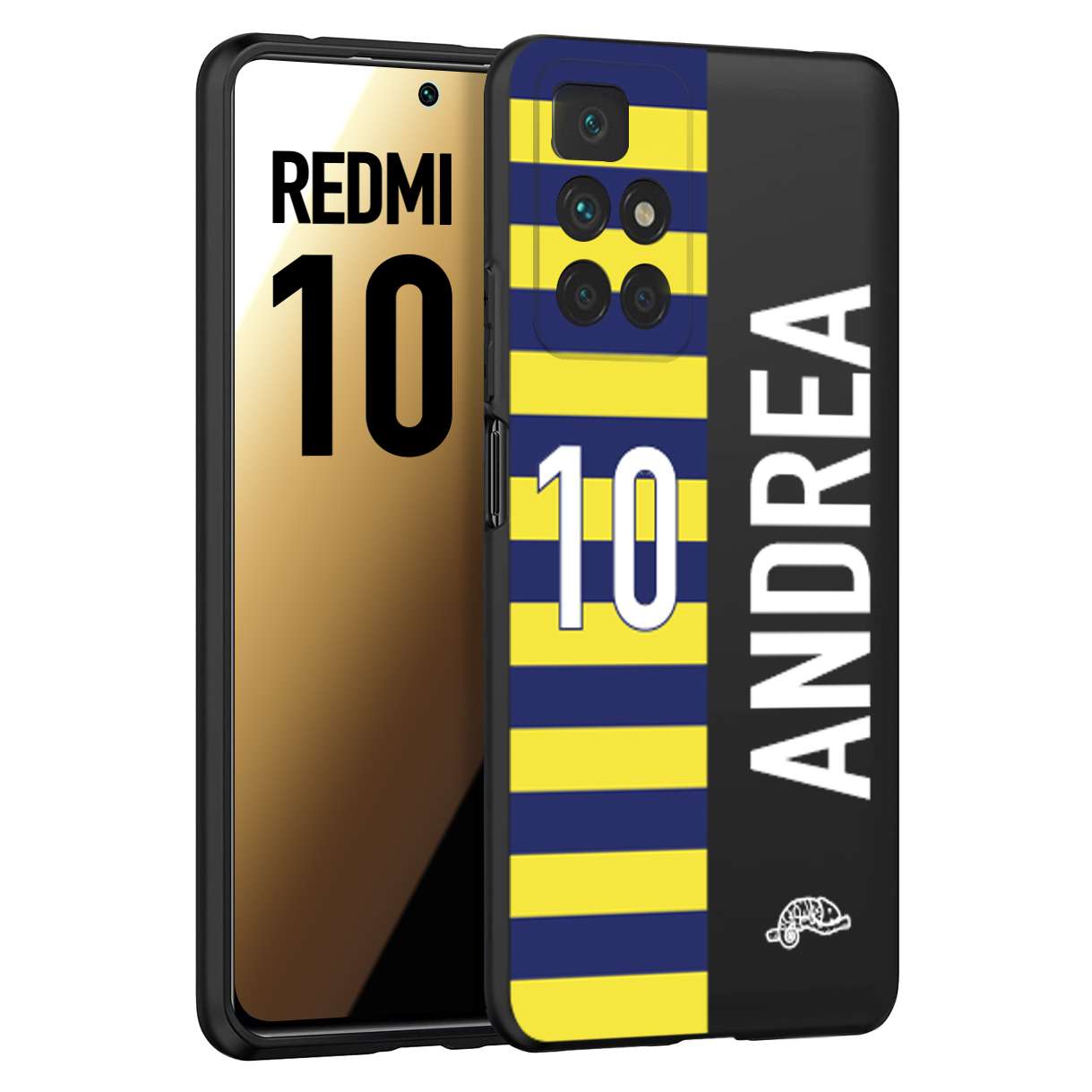 CUSTOMIZZA - Custodia cover nera morbida in tpu compatibile per Xiaomi Redmi 10 personalizzata calcio football nome e numero calciatori giallo blu