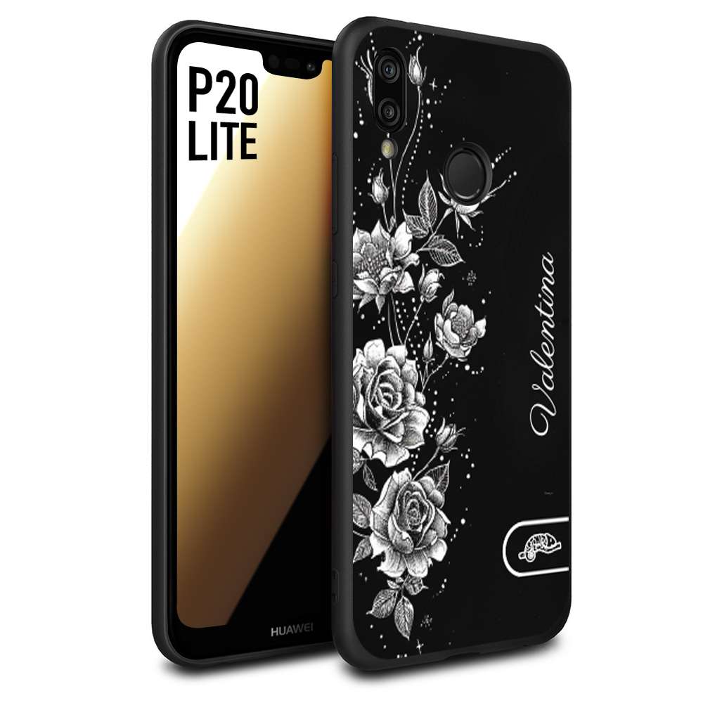 CUSTOMIZZA - Custodia cover nera morbida in tpu compatibile per Huawei P20 LITE a rilievo soft touch personalizzata nome rose fiori donna