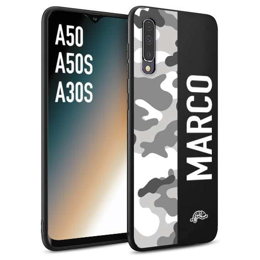 CUSTOMIZZA - Custodia cover nera morbida in tpu compatibile per Samsung A50 - A50S - A30S camouflage mimetico militare personalizzata nome bianco