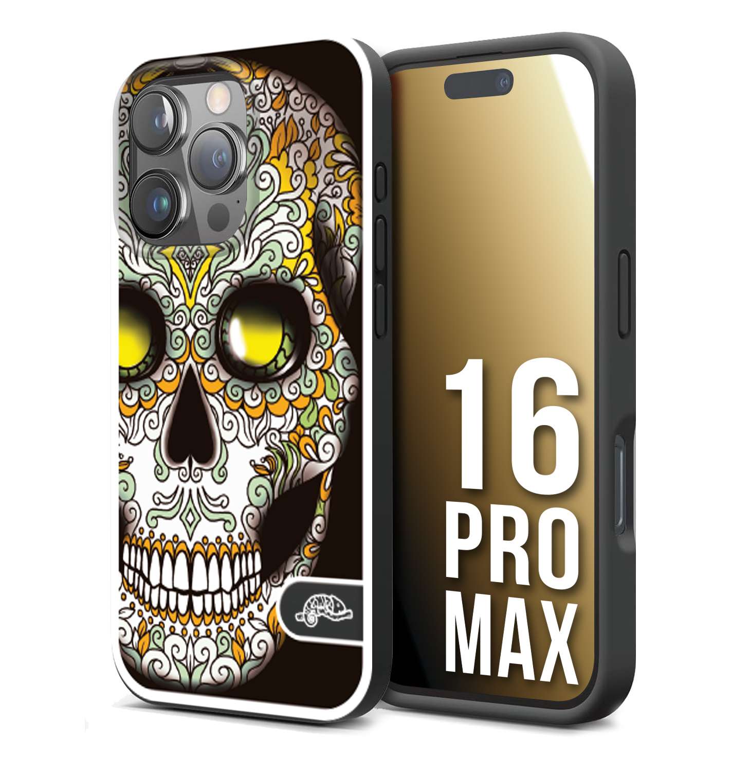 CUSTOMIZZA - Custodia cover nera morbida in tpu compatibile per iPhone 16 PRO MAX teschio messicano Mexican skull bianco verde giallo