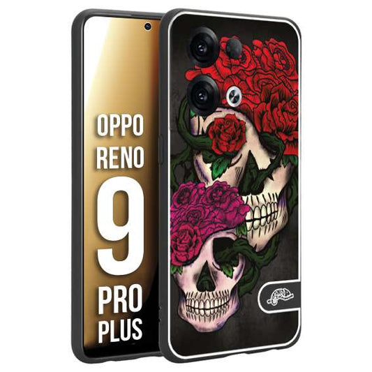 CUSTOMIZZA - Custodia cover nera morbida in tpu compatibile per Oppo Reno 9 PRO PLUS teschi e rose rosse fucsia skull and roses