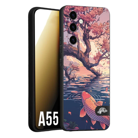 CUSTOMIZZA - Custodia cover nera morbida in tpu compatibile per Samsung A55 5G giapponese lago carpa koi rosa con foglie d'acero disegnata tattoo