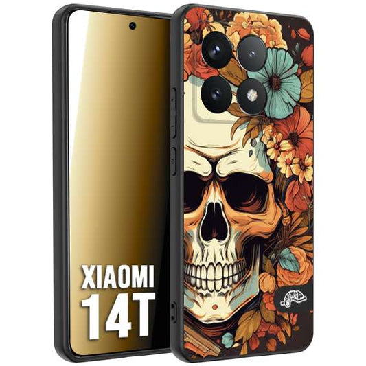 CUSTOMIZZA - Custodia cover nera morbida in tpu compatibile per Xiaomi 14T teschio skull flowers fiori autunnali arancio celeste tattoo