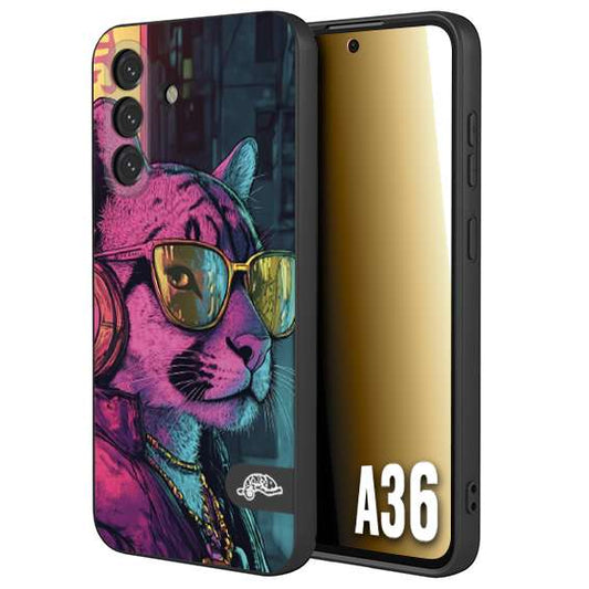 CUSTOMIZZA - Custodia cover nera morbida in tpu compatibile per Samsung A36 animali cyberpunk pantera street cat fucsia blu giallo