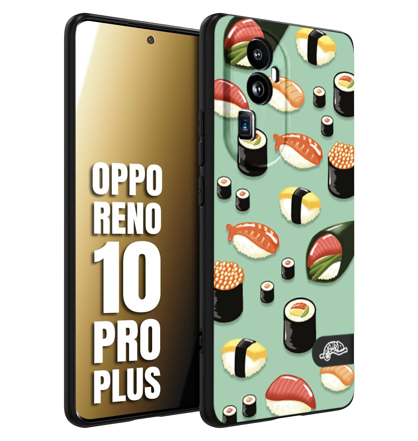 CUSTOMIZZA - Custodia cover nera morbida in tpu compatibile per Oppo Reno 10 PRO PLUS sushi disegni giapponese nighiri acquamarina verde