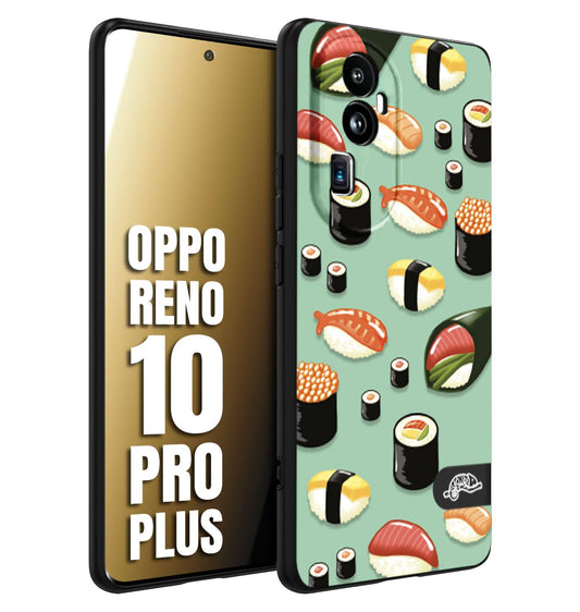 CUSTOMIZZA - Custodia cover nera morbida in tpu compatibile per Oppo Reno 10 PRO PLUS sushi disegni giapponese nighiri acquamarina verde