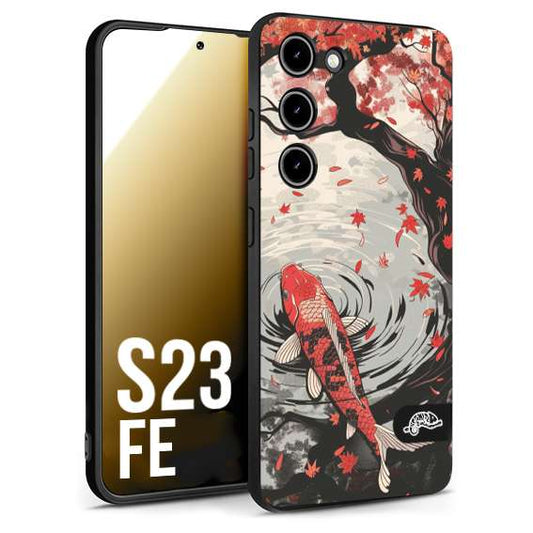 CUSTOMIZZA - Custodia cover nera morbida in tpu compatibile per Samsung S23 FE giapponese lago carpa koi rossa con foglie d'acero rosso disegnata tattoo