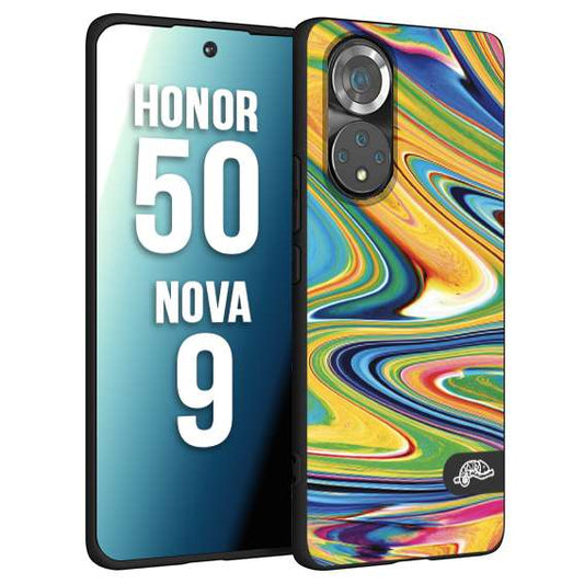 CUSTOMIZZA - Custodia cover nera morbida in tpu compatibile per Huawei Nova 9 - Honor 50 colorata fantasia vortice marmo arcobaleno gialla verde blu