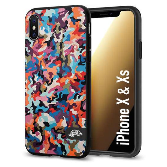 CUSTOMIZZA - Custodia cover nera morbida in tpu compatibile per iPhone X - Xs camouflage mimetico militare moderno blu arancio rosa