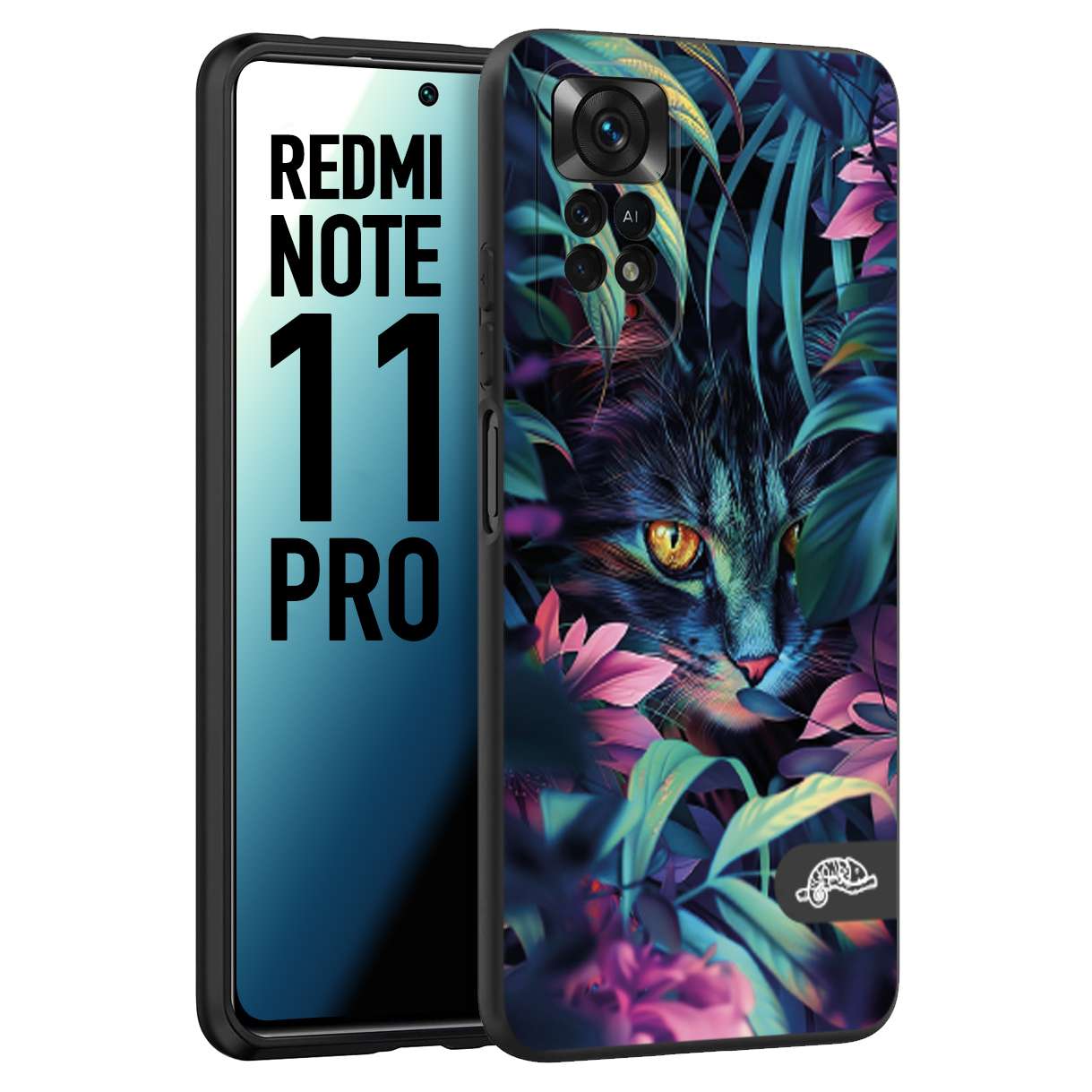 CUSTOMIZZA - Custodia cover nera morbida in tpu compatibile per Xiaomi Redmi Note 11 PRO animali color giungla tropicale occhio di gatto colori vibranti disegnato