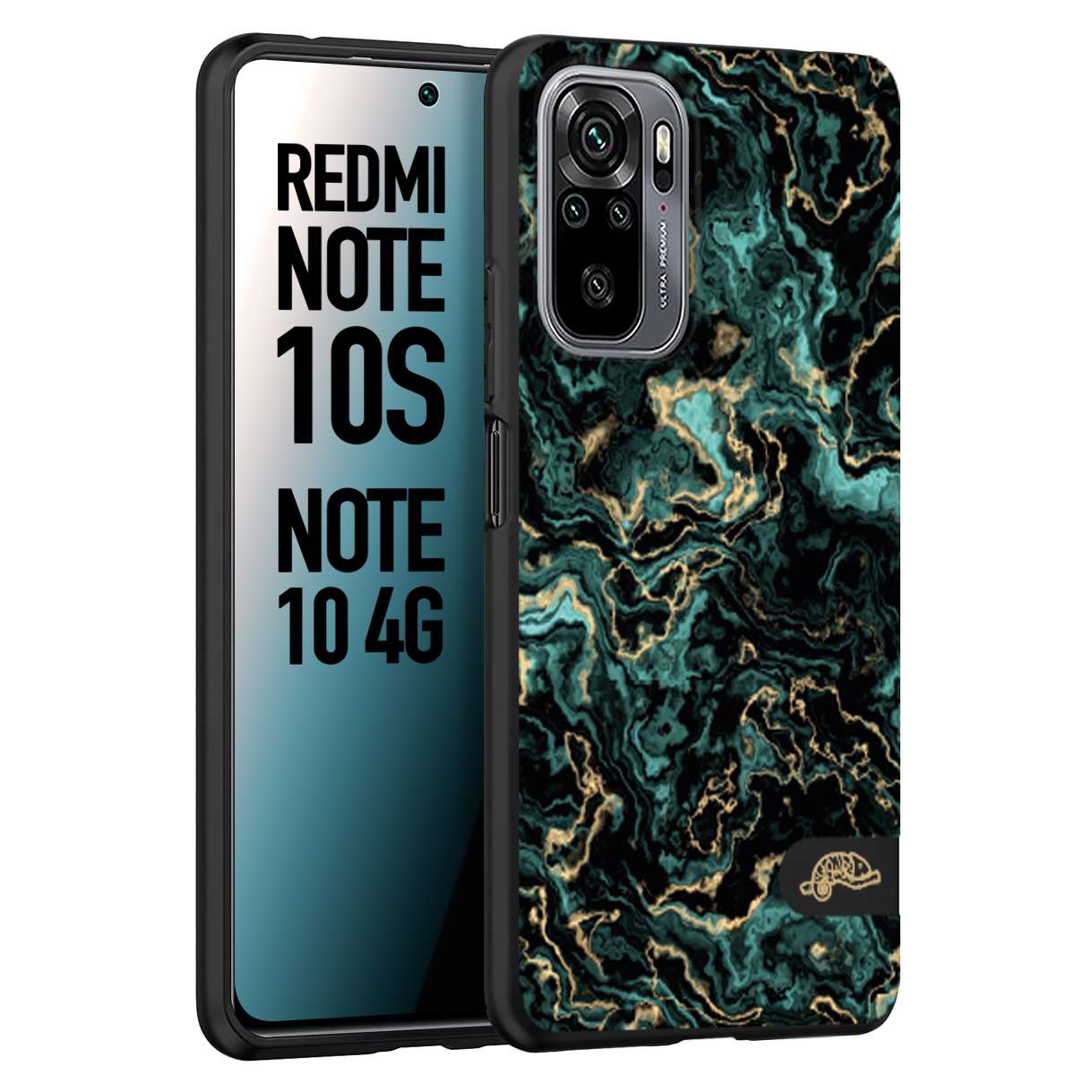 CUSTOMIZZA - Custodia cover nera morbida in tpu compatibile per Xiaomi Redmi Note 10S effetto marmo marble verde green venature dorato pietra