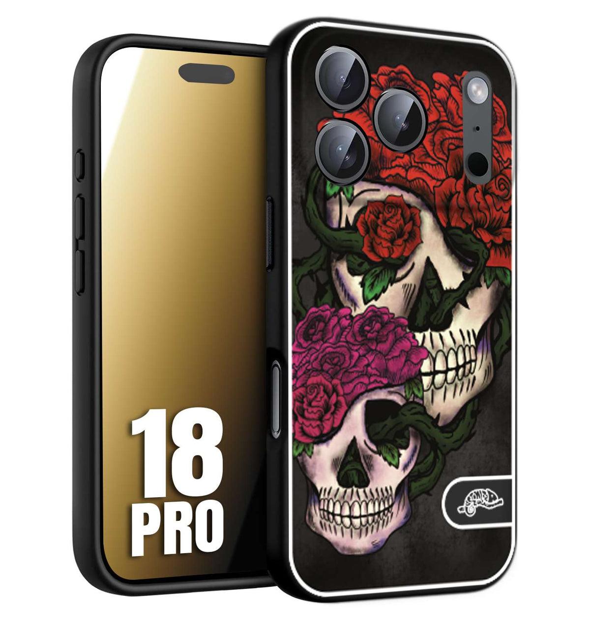 CUSTOMIZZA - Custodia cover nera morbida in tpu compatibile per iPhone 18 PRO teschi e rose rosse fucsia skull and roses