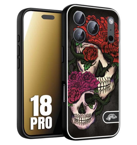 CUSTOMIZZA - Custodia cover nera morbida in tpu compatibile per iPhone 18 PRO teschi e rose rosse fucsia skull and roses