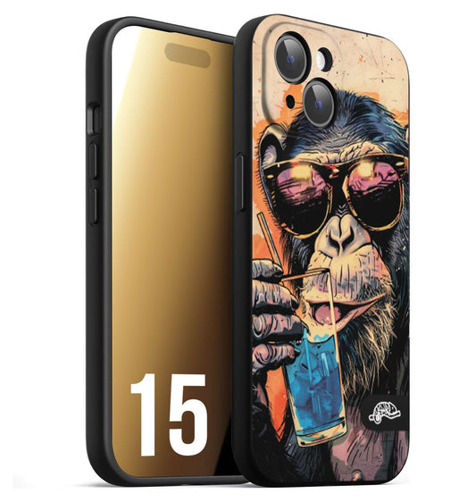 CUSTOMIZZA - Custodia cover nera morbida in tpu compatibile per iPhone 15 estate disegnata cocktails animali simpatici scimmia monkey negroni