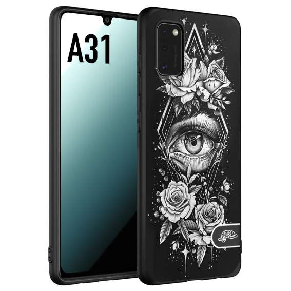 CUSTOMIZZA - Custodia cover nera morbida in tpu compatibile per Samsung A31 occhio fiori rombo geometrico black and white bianco a rilievo disegnato tattoo tatuaggio