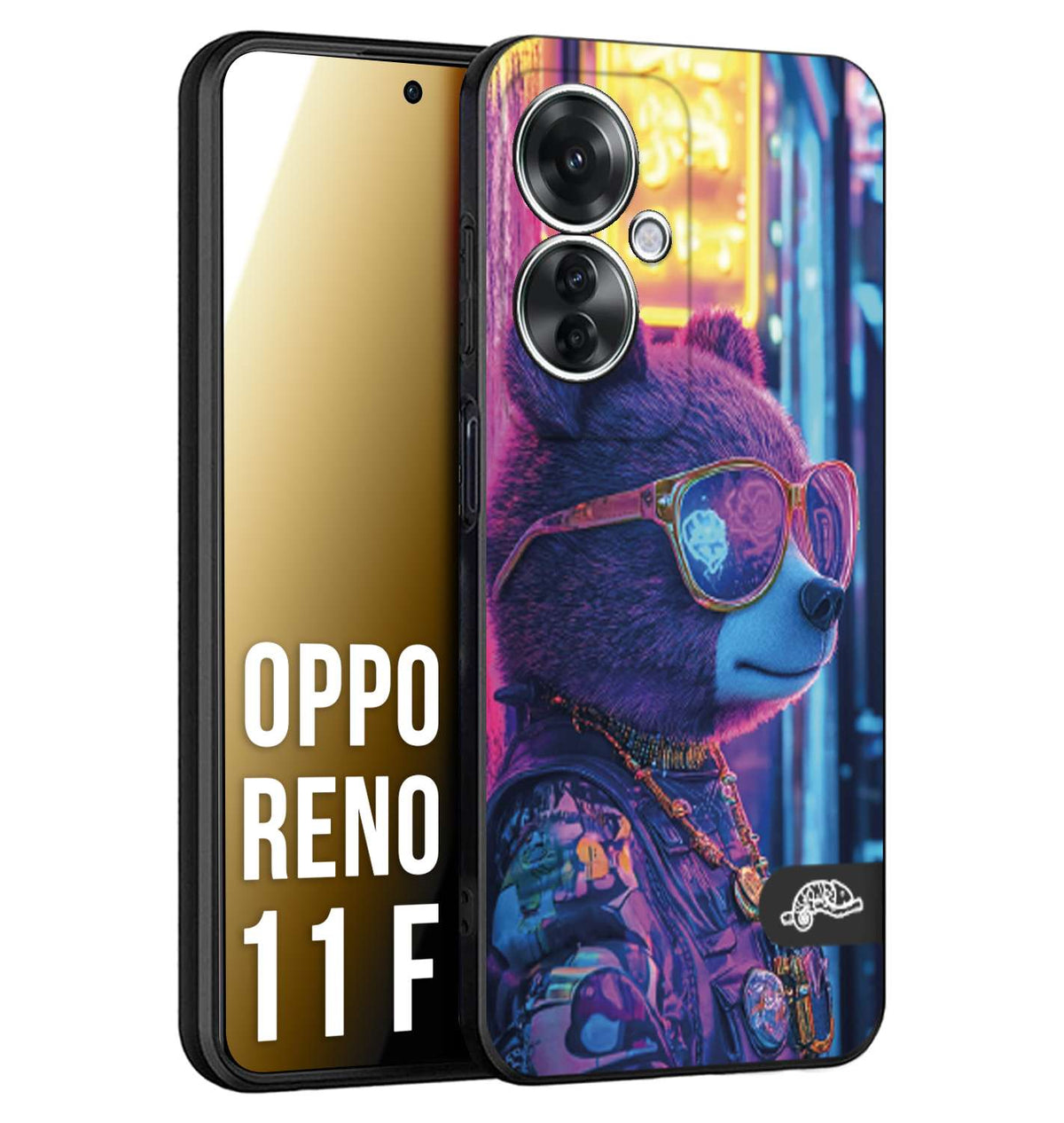 CUSTOMIZZA - Custodia cover nera morbida in tpu compatibile per Oppo Reno 11 F 5G animali cyberpunk orsetto orso street bear fucsia blu night