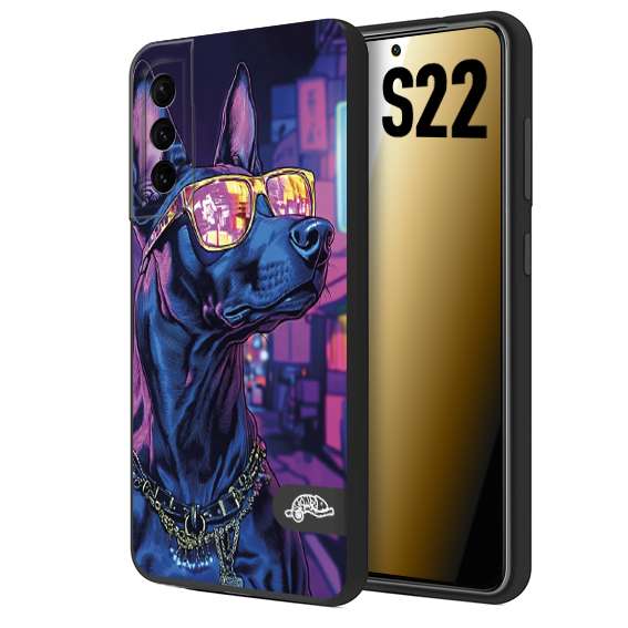 CUSTOMIZZA - Custodia cover nera morbida in tpu compatibile per Samsung S22 animali cyberpunk dobermann cane street dog fucsia blu night