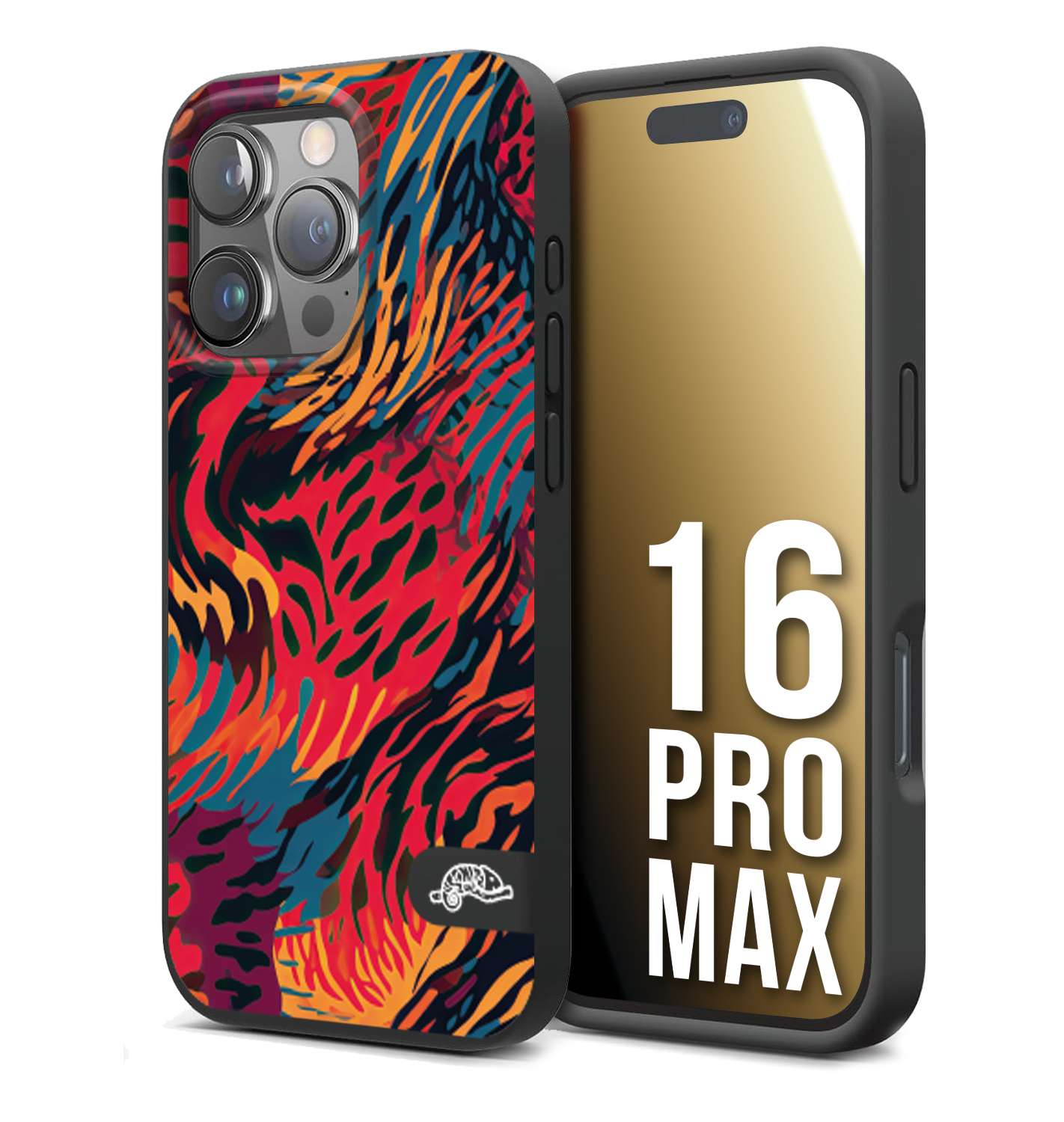 CUSTOMIZZA - Custodia cover nera morbida in tpu compatibile per iPhone 16 PRO MAX leopardato maculato tigrato colorata fiamme rossa blu arancione