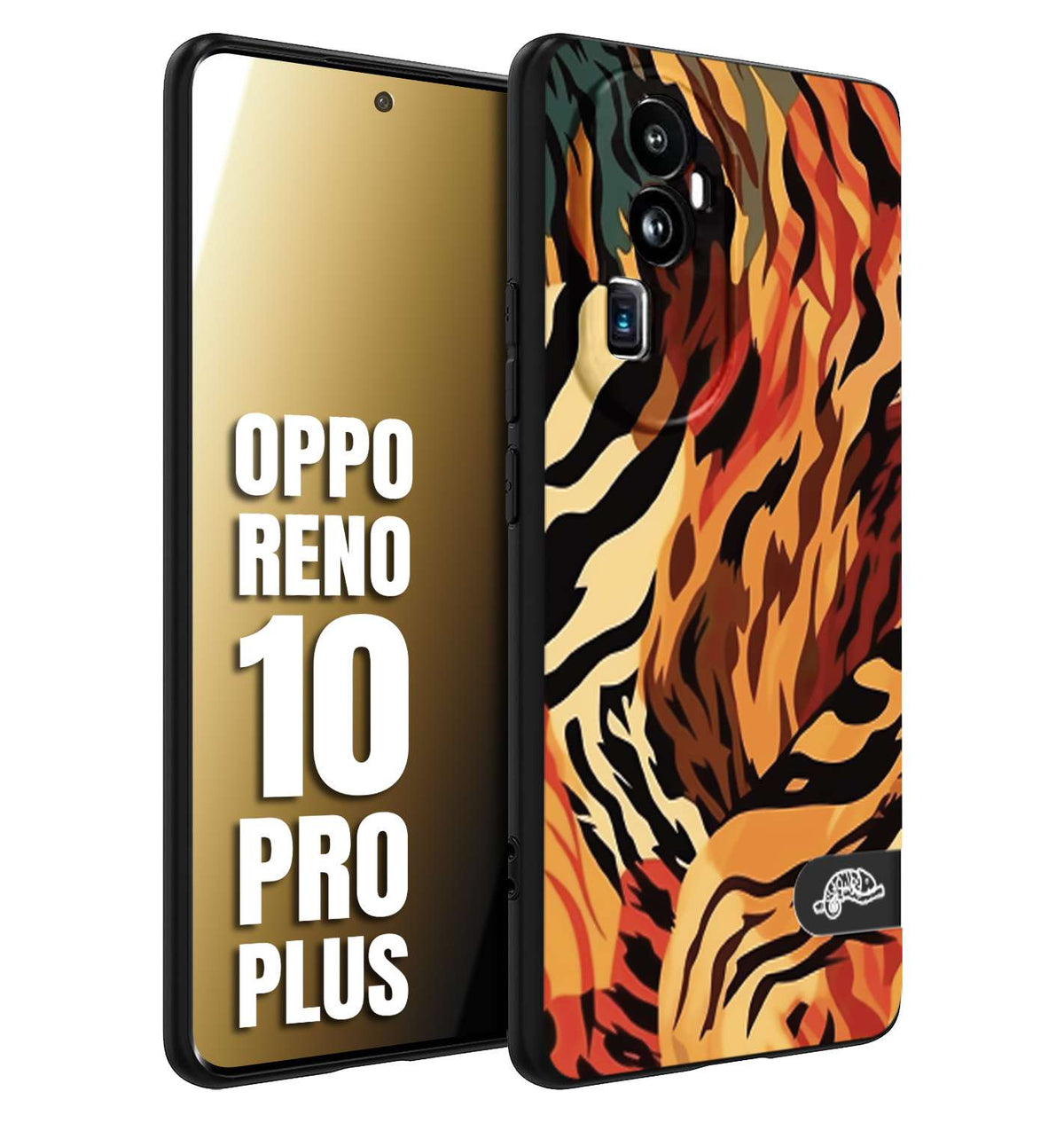 CUSTOMIZZA - Custodia cover nera morbida in tpu compatibile per Oppo Reno 10 PRO PLUS leopardato maculato tigrato tiger colorata gialla rossa arancio