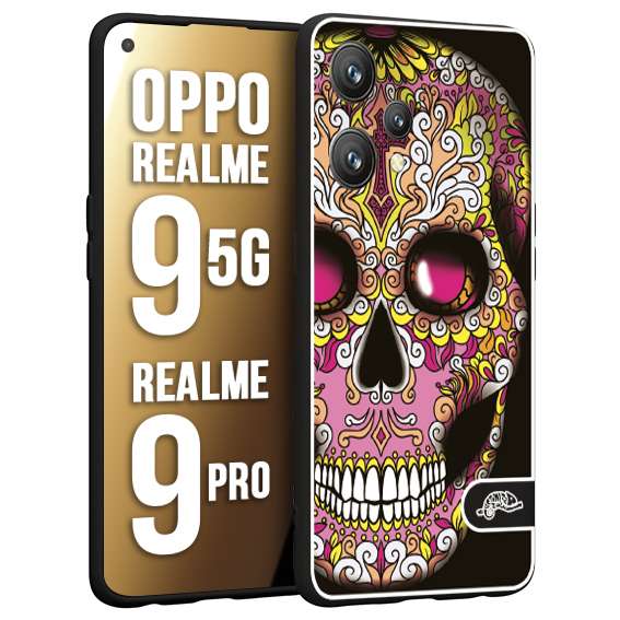 CUSTOMIZZA - Custodia cover nera morbida in tpu compatibile per Realme 9 5G - 9 PRO teschio messicano Mexican skull rosa gialla