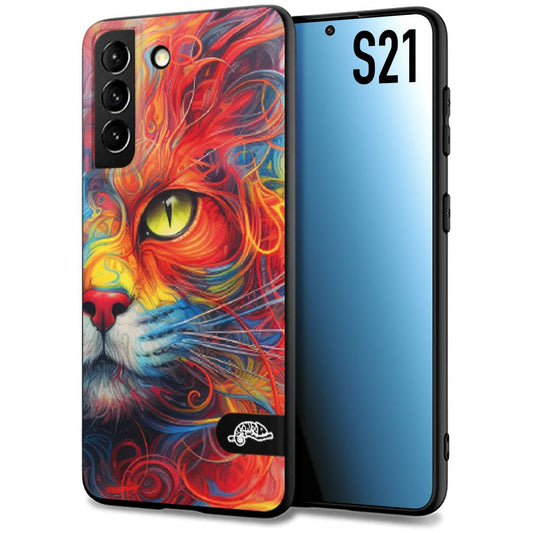 CUSTOMIZZA - Custodia cover nera morbida in tpu compatibile per Samsung S21 animali color cat gatto viso colori vibranti disegnato schizzo