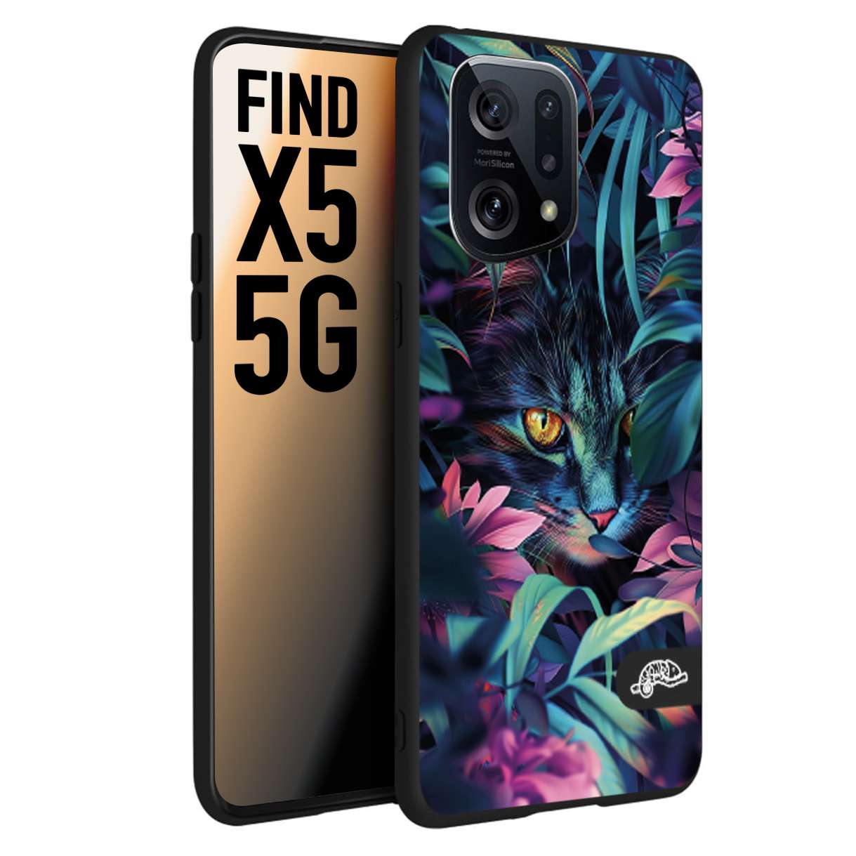 CUSTOMIZZA - Custodia cover nera morbida in tpu compatibile per Oppo Find X5 animali color giungla tropicale occhio di gatto colori vibranti disegnato