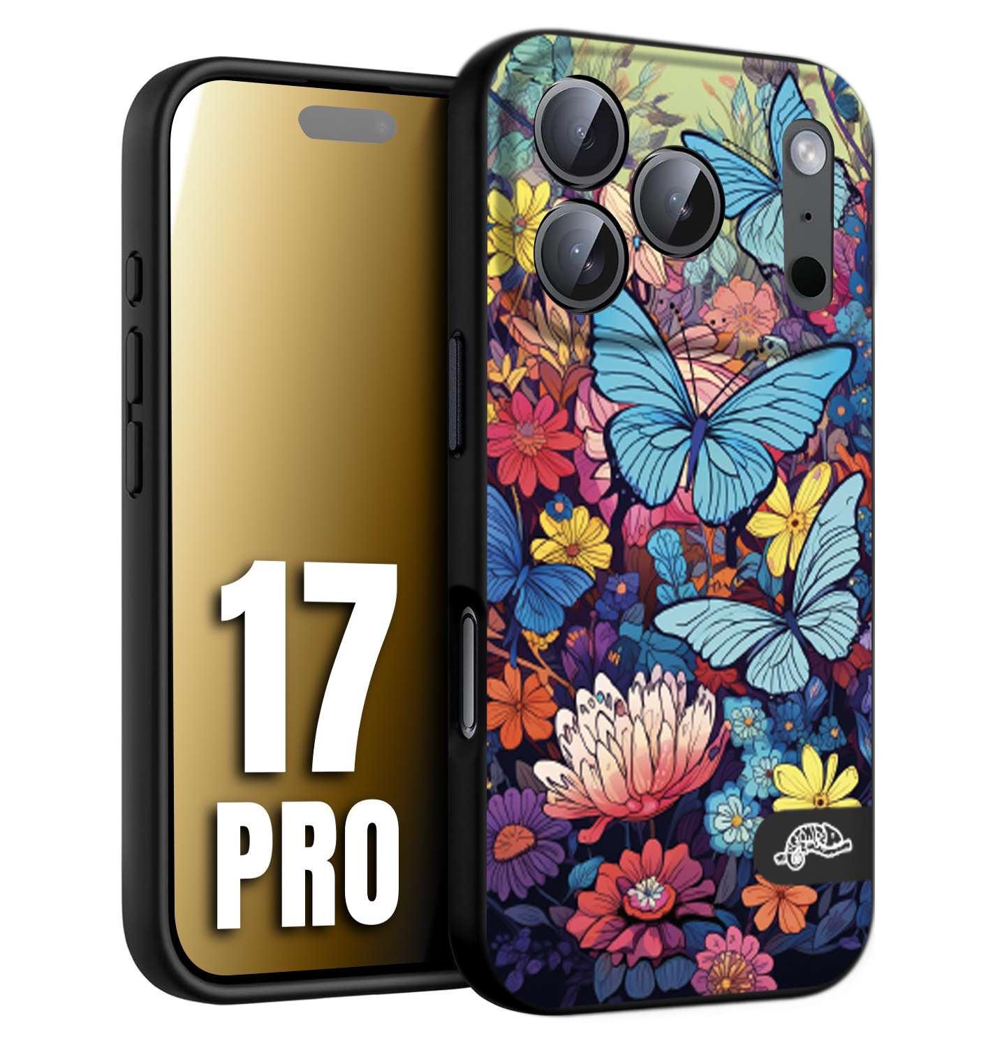 CUSTOMIZZA - Custodia cover nera morbida in tpu compatibile per iPhone 17 PRO farfalle butterfly moderno donna disegnate gialla blu rosa