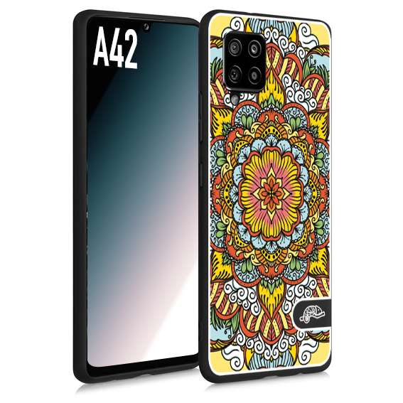 CUSTOMIZZA - Custodia cover nera morbida in tpu compatibile per Samsung A42 mandala colorato fiore nuvole arancione