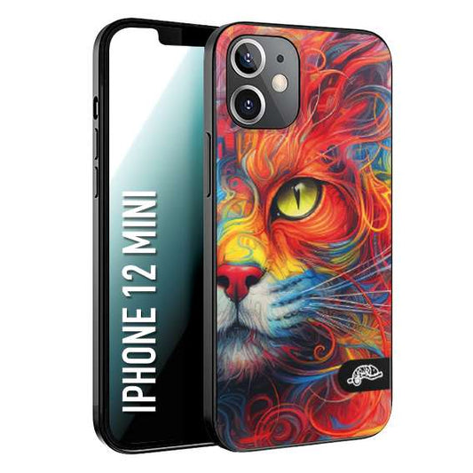 CUSTOMIZZA - Custodia cover nera morbida in tpu compatibile per iPhone 12 MINI animali color cat gatto viso colori vibranti disegnato schizzo