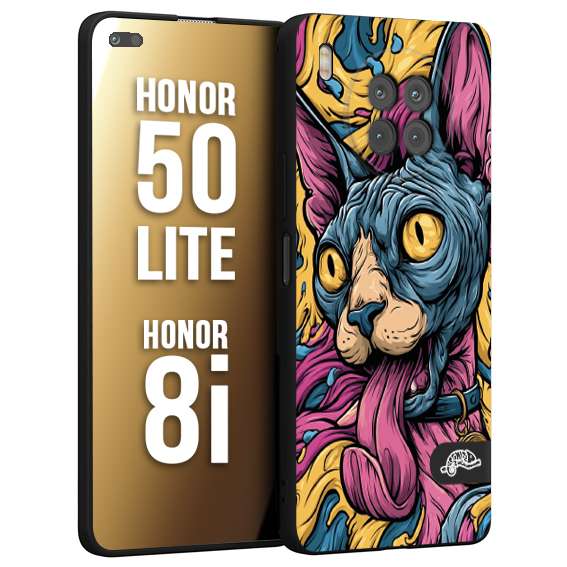 CUSTOMIZZA - Custodia cover nera morbida in tpu compatibile per Honor 8i - Honor 50 LITE Sphynx Colorato Pop Art Psichedelico Gatto Blu Rosa Giallo Artistica Fantasy