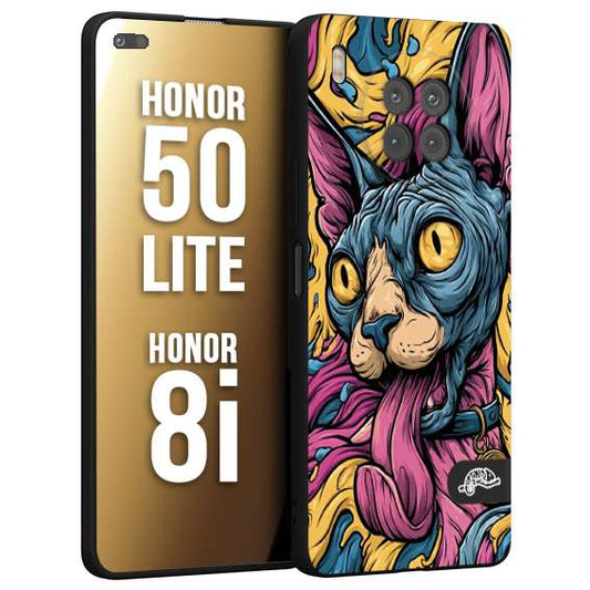 CUSTOMIZZA - Custodia cover nera morbida in tpu compatibile per Honor 8i - Honor 50 LITE Sphynx Colorato Pop Art Psichedelico Gatto Blu Rosa Giallo Artistica Fantasy