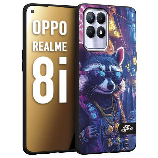 CUSTOMIZZA - Custodia cover nera morbida in tpu compatibile per Realme 8i animali simpatici cyberpunk procione racoon street cat fucsia blu giallo