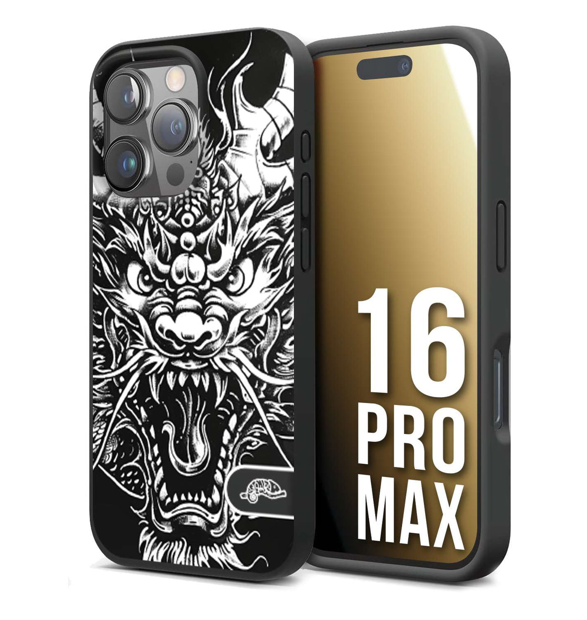 CUSTOMIZZA - Custodia cover nera morbida in tpu compatibile per iPhone 16 PRO MAX drago black and white bianco a rilievo disegnato tattoo tatuaggio