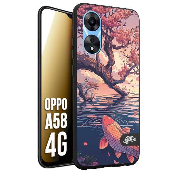 CUSTOMIZZA - Custodia cover nera morbida in tpu compatibile per Oppo A58 4G giapponese lago carpa koi rosa con foglie d'acero disegnata tattoo