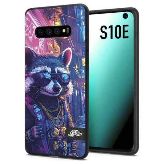 CUSTOMIZZA - Custodia cover nera morbida in tpu compatibile per Samsung S10E animali simpatici cyberpunk procione racoon street cat fucsia blu giallo