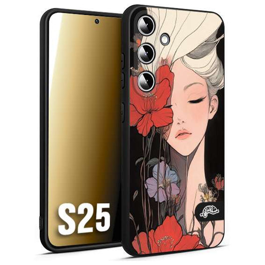 CUSTOMIZZA - Custodia cover nera morbida in tpu compatibile per Samsung S25 woman flower Fantasia Floreale Design Donna e Fiori, Retro Artistico