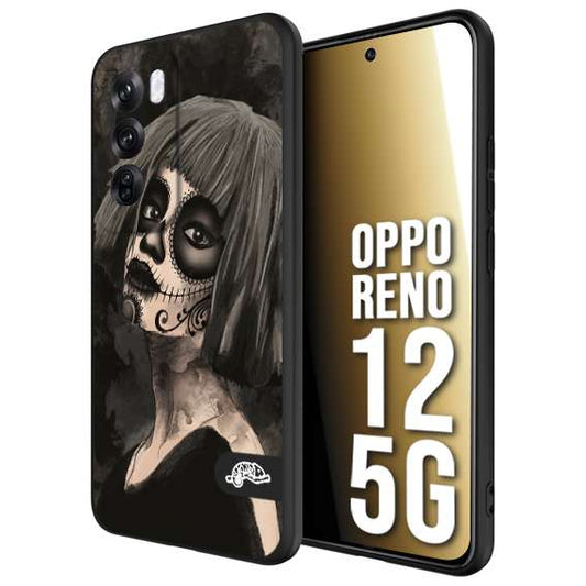 CUSTOMIZZA - Custodia cover nera morbida in tpu compatibile per Oppo Reno 12 5G chicana messicana dea de la muerte donna santa tattoo disegnata